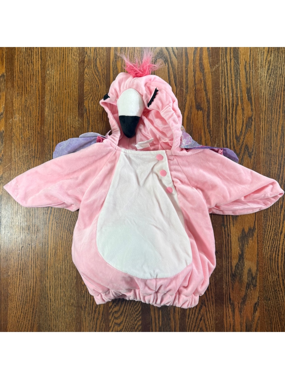 Baby Pink Flamingo Halloween Costume Plush Hooded Winged Bodysuit Size 0-6M